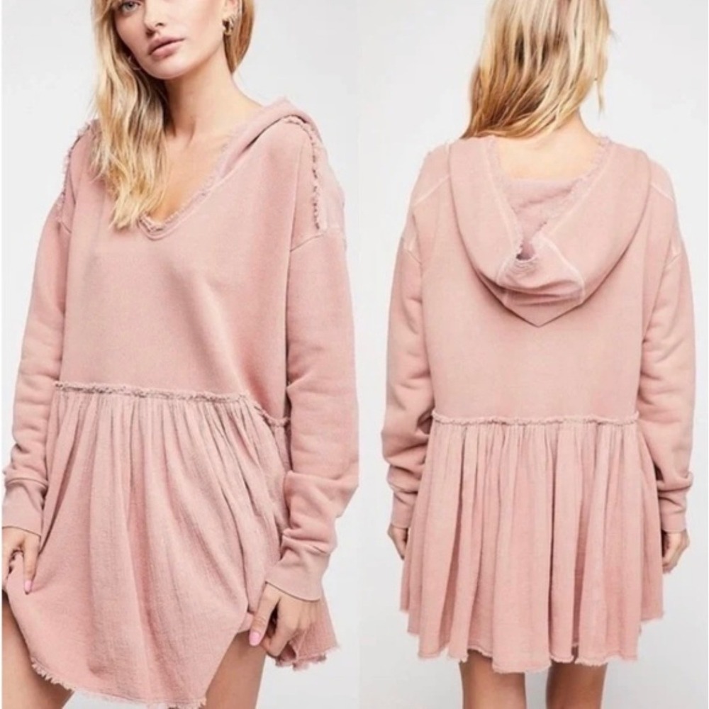 Free People Summer Dreams Pullover Hoodie Mini Dress LARGE Pink Cottage Coquette